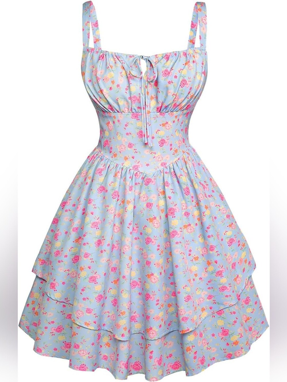 Floral Tiered Midi Dress in Pastel Blue